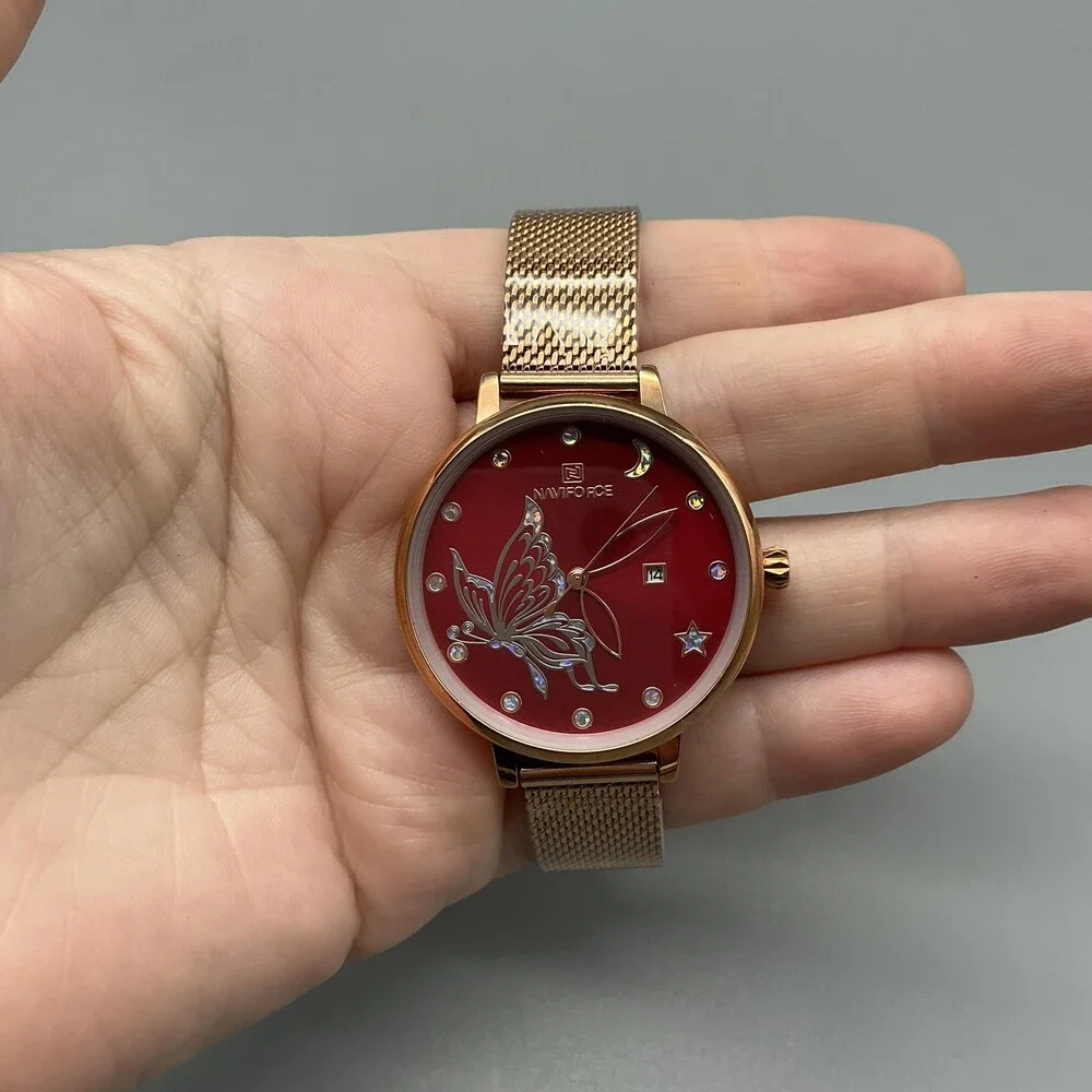 Naviforce Womens Watch 36mm Red Dial Gold Tone Date Mesh NF5011L New Battery